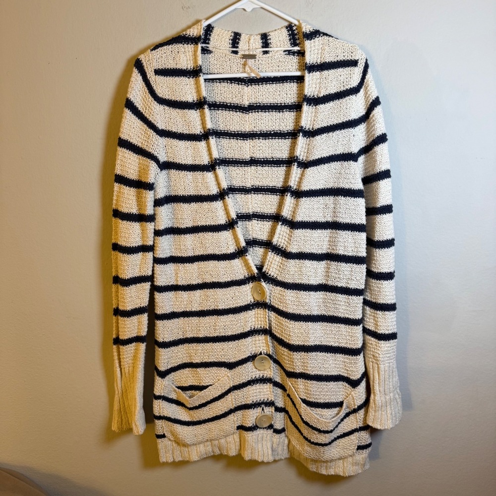 Free People Beach Womens Medium Striped Button Front Cardigan Sweater Cream Navy
